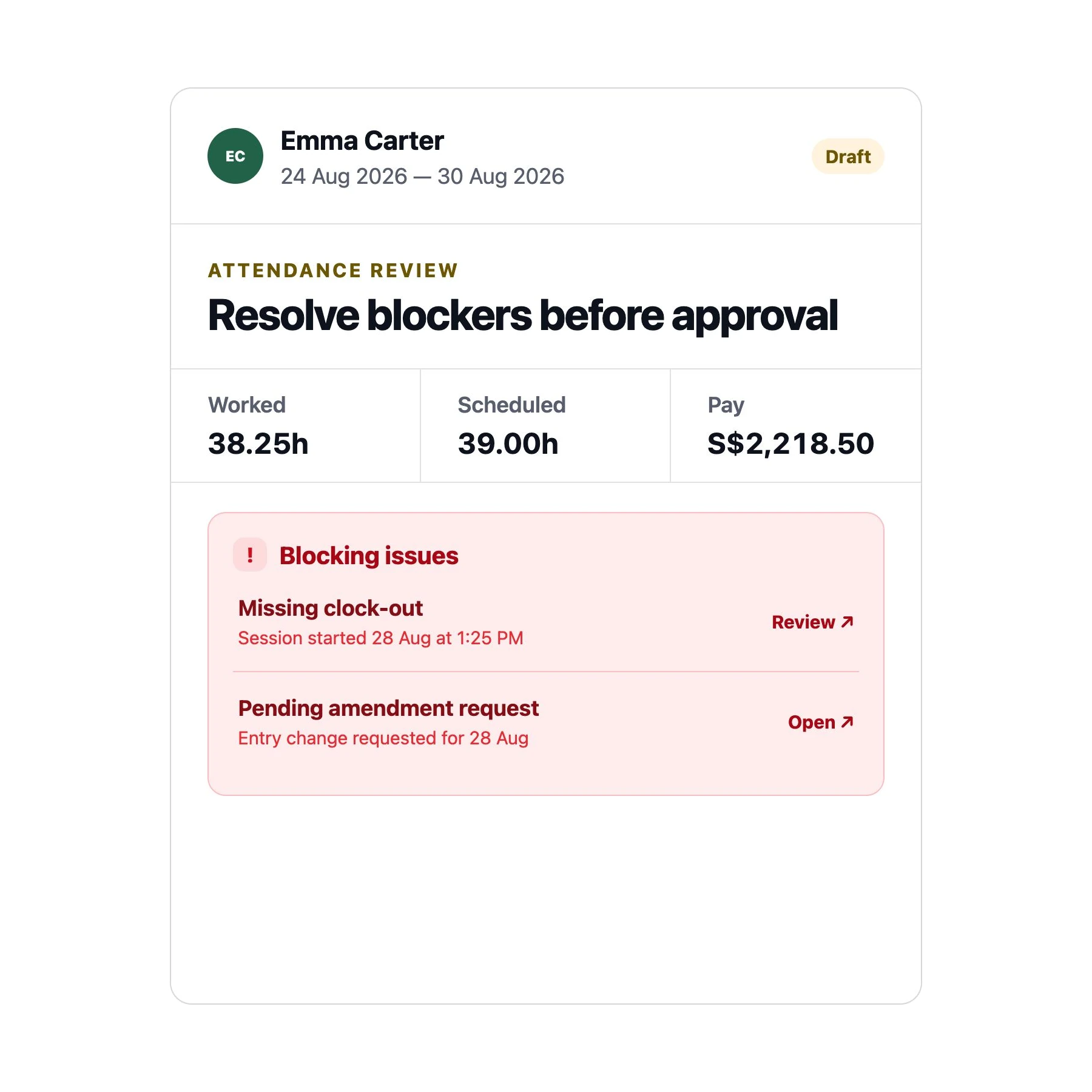 Marketing mockup of Asa payroll employee review with hours, overtime, pay estimates, and daily sessions
