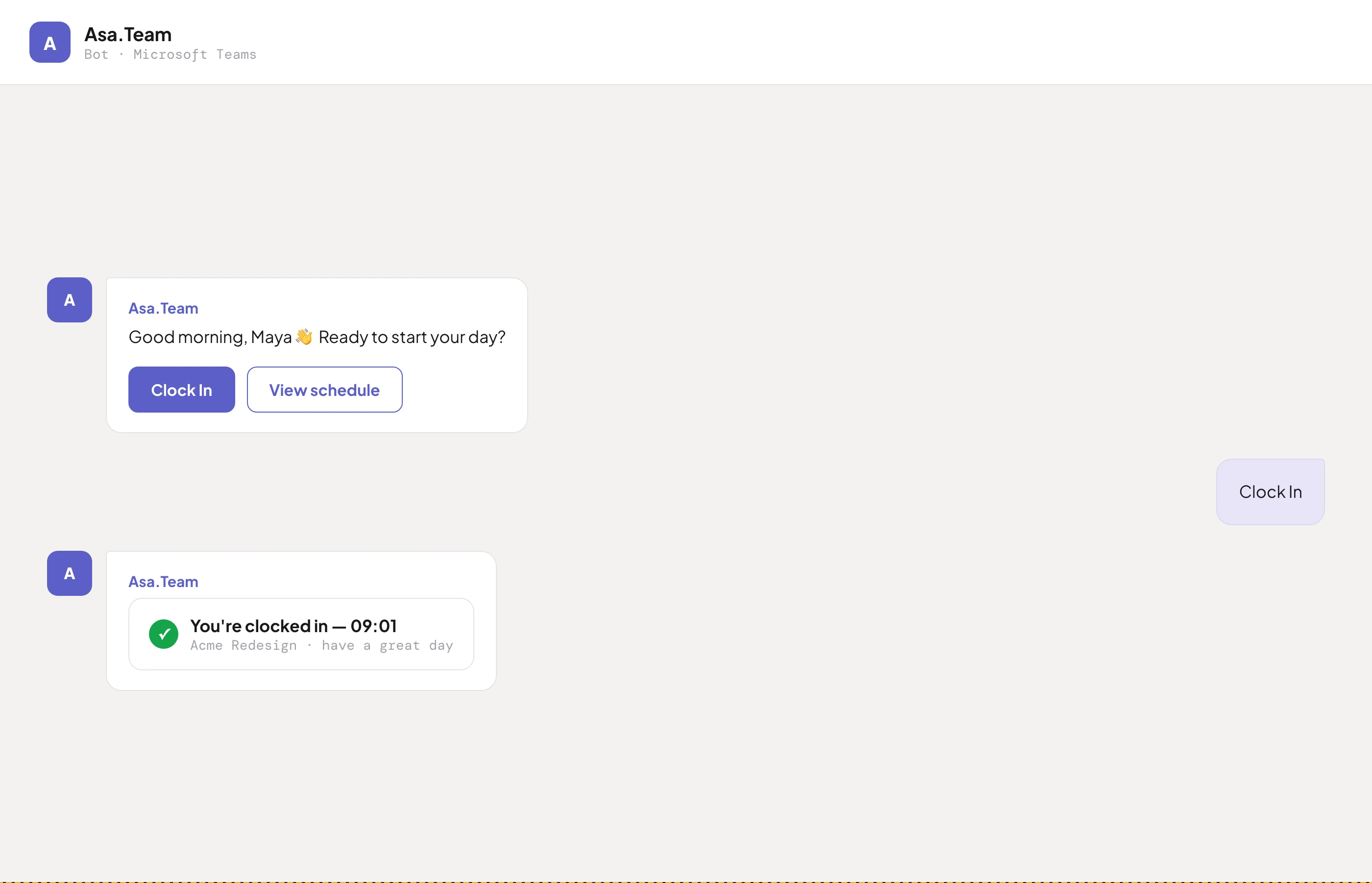 Clock in / out interface inside Microsoft Teams