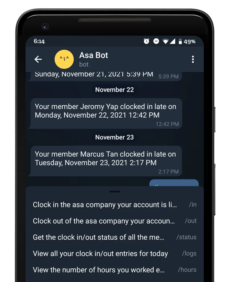 Asa.Team in Telegram on a field worker's phone